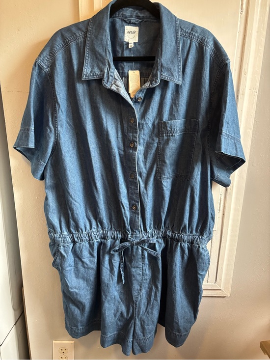 aerie Pants - aerie Short-Sleeve Chambray One-Piece Romper in Blue